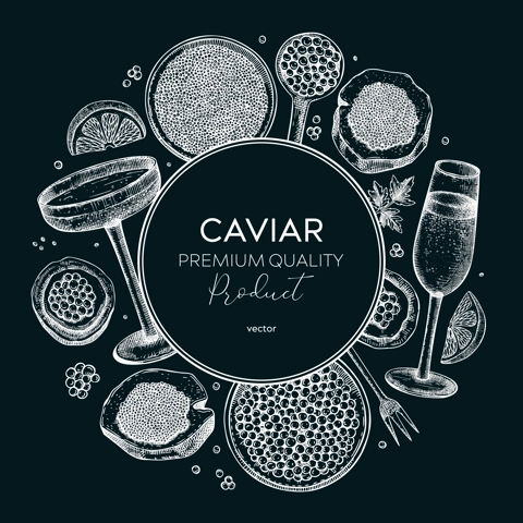 Caviar and champagne wreath design on chalkboard. Hand drawn menu template with red caviar canape, canned black caviar, sparkling wine bottle, glasses sketches. Seafood vintage background